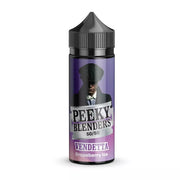 A 100ML bottle of Vendetta Grapeberry Ice Vape Juice by Peeky Blenders with a label featuring a purple color scheme and an image of a man in a suit. The product is indicated as 0mg nicotine strength and has a 50/50 VG/PG ratio.